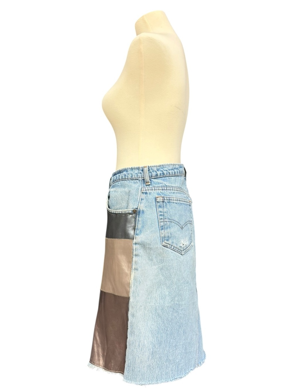 Vintage Leather Patchwork Skirt Upcycled Levi’s 501 Denim Jeans Size 12 - Picture 3 of 16